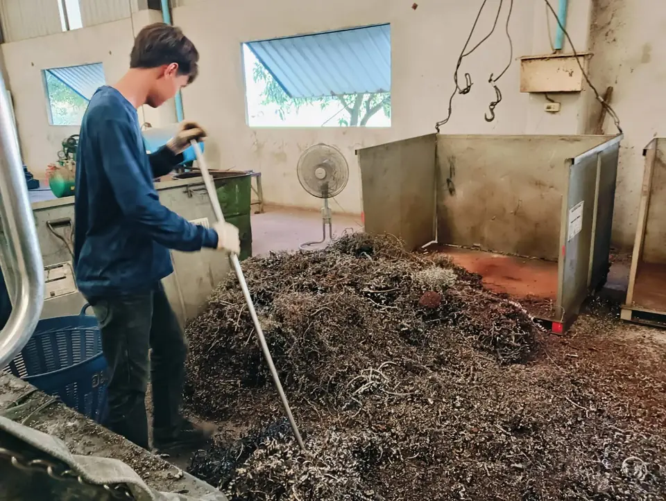 Worker sorting a pile of steel turnings inside a factory
